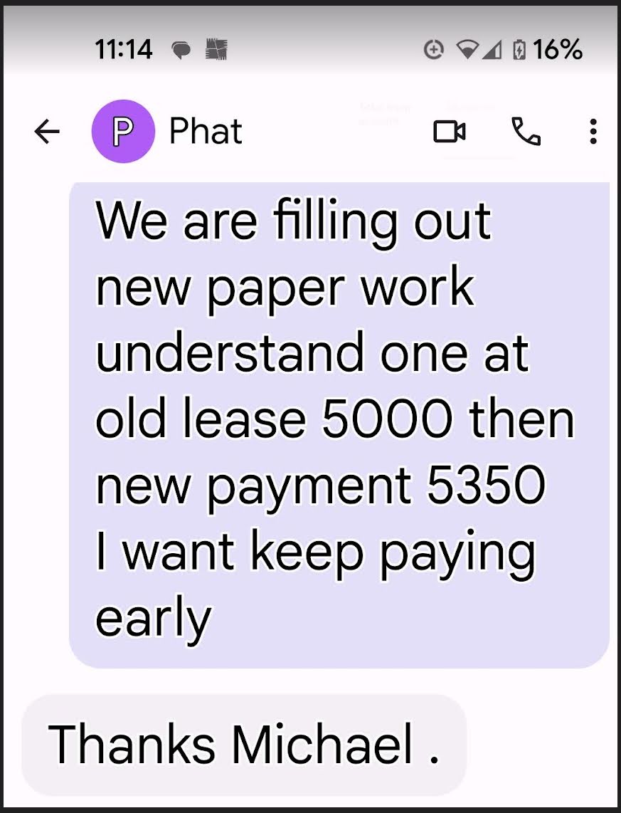 Text Message from Phat Tran confirming rent terms